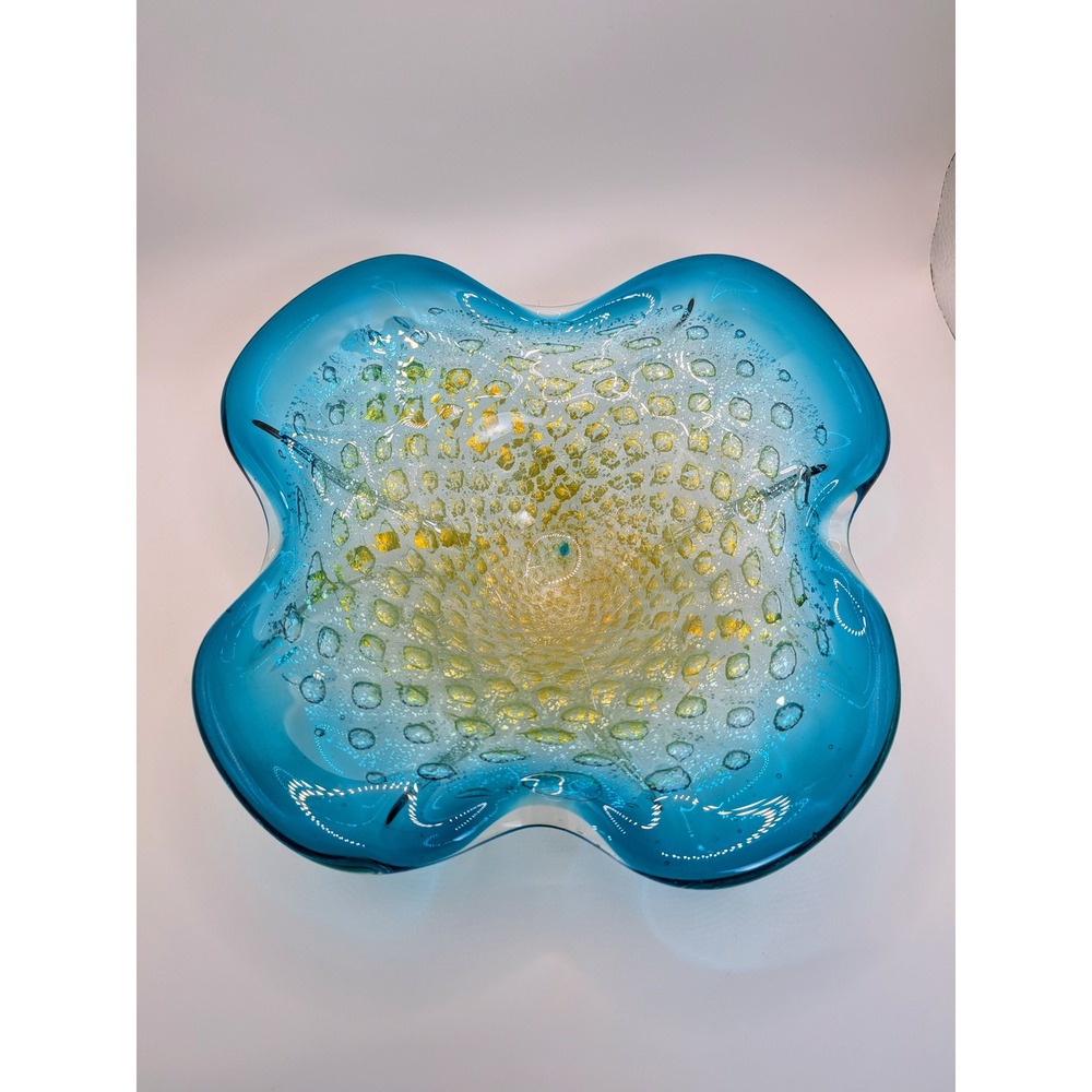Vintage Italian Murano Style Bullicante Blue and Gold Freeform Flower Bowl